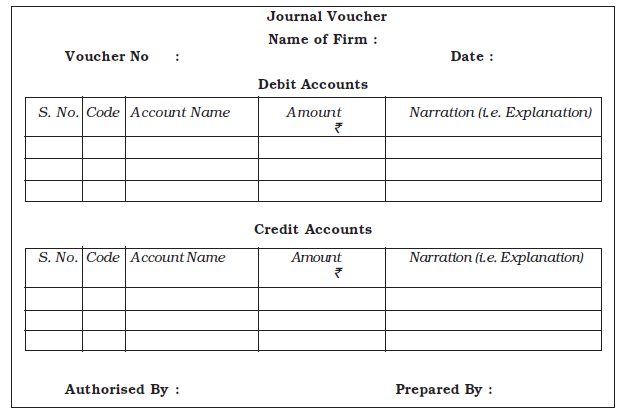 A specimen of a Journal Voucher showing separate sections for listing multiple debit accounts and multiple credit accounts.